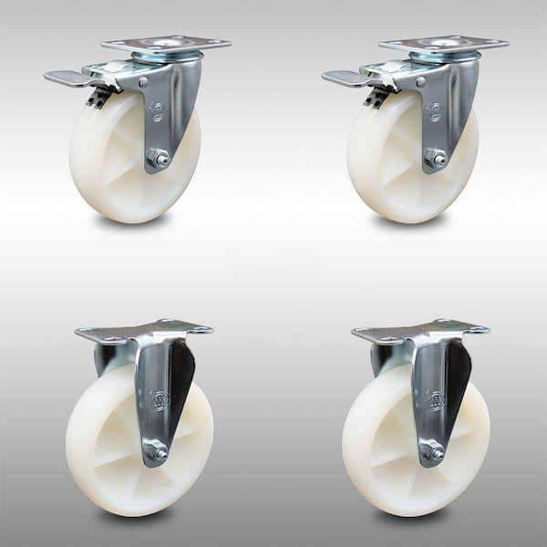 5 Inch SS Nylon Wheel Swivel Top Plate Caster Lock Brake 2 Rigid SCC, 2PK
